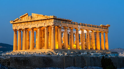 The Parthenon lit up at night with soft lighting accentuating the details of the ancient columns and pediments.