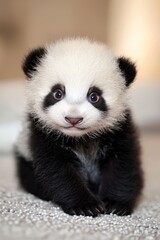 Obraz premium A black-and-white panda sits atop soft, white carpet, gazing at the camera