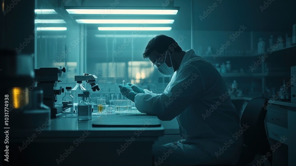 Poster a scientist working late in a laboratory