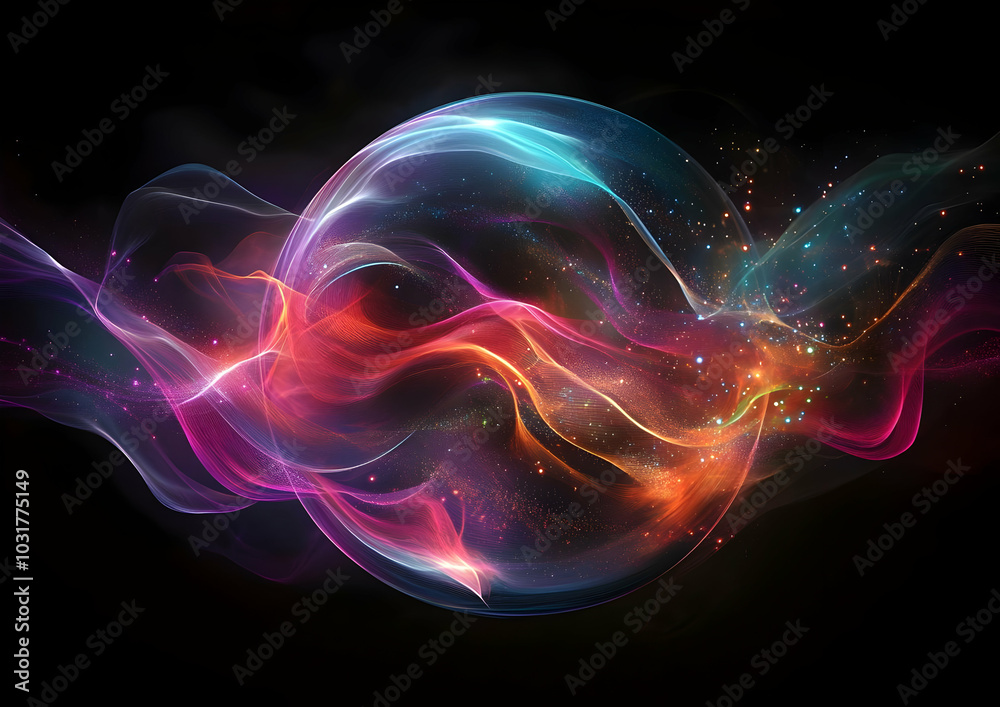 Poster abstract colorful energy sphere with sparkles.