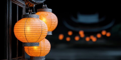 Glowing Chinese Lanterns Hanging in Window at Night