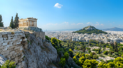 The Temple of Athena Nike on the edge of the Acropolis overlooking the sweeping views of Athens below.