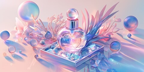 Fototapeta premium Luxurious and Elegant Advertising Background for Cosmetics Featuring Makeup Bottles, Perfect for Shopping Festivals and End-of-Season Promotions, Highlighting the Contrast of Warm and Cool Colors to 