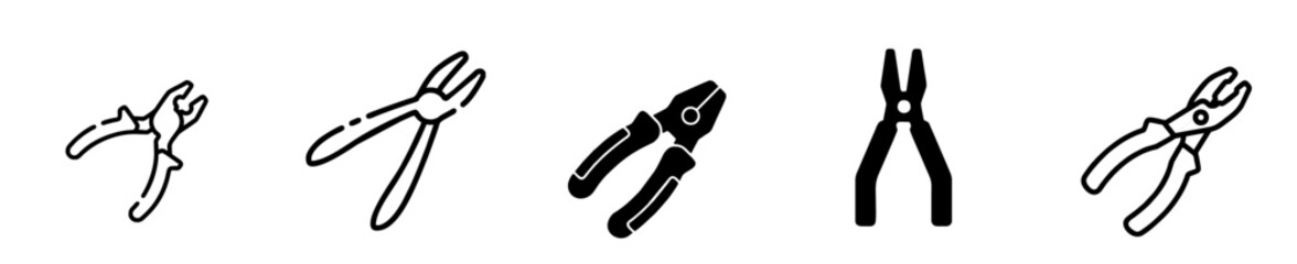 Pliers line black and white background icons set