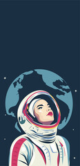 Fototapeta premium Woman astronaut in a spacesuit against the background of the starry sky. Cosmonautics Day. Women's Day. Banner with space for text. Vector illustration, postcard