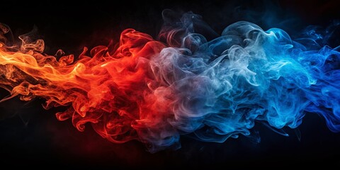 Fototapeta premium Vibrant Swirling Flames of Red and Blue Smoke in Dark Background, Stunning Contrast