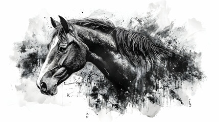 Obraz premium Black and White Horse Portrait with Watercolor Splashes.