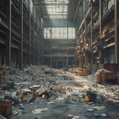 Industrial warehouse waste recycling garbage debris rubbish trash pile metal scrap disposal junk decay environment grunge interior concept destruction abandoned cluttered urban cleanup