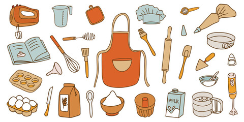 Colorful Collection of Baking Accessories. Set of Kitchen Accessories for Cooking in Doodle Style on White Background. Vector