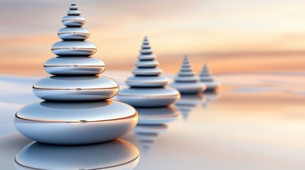 Fototapeta premium Smooth stones stacked in perfect balance create a serene landscape at sunset, AI