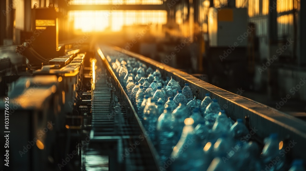 Poster water bottles moving on a conveyor belt in a factory setting