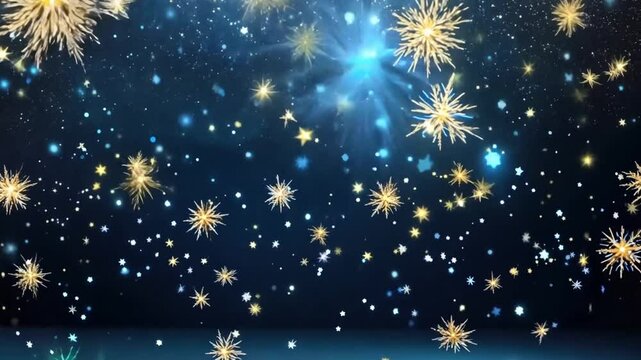 Abstract christmas background with falling snowflakes and sparkling stars on blue background with empty copy space for your text or product