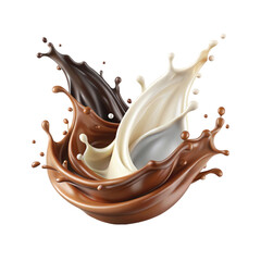 Realistic Milk and chocolate splash swirls and flow. Melted brown choco and milky waves with drops png background