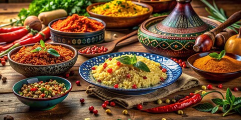 Fototapeta premium Vibrant Tunisian Cuisine: Authentic Dishes and Spices for Culinary Exploration