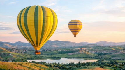 Naklejka premium A serene landscape featuring vibrant yellow hot air balloons floating over a picturesque lake and rolling hills at sunset.