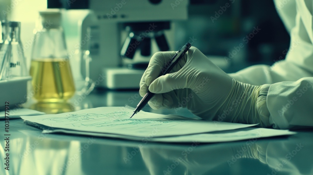 Poster A gloved hand writing on a notepad in a laboratory setting.