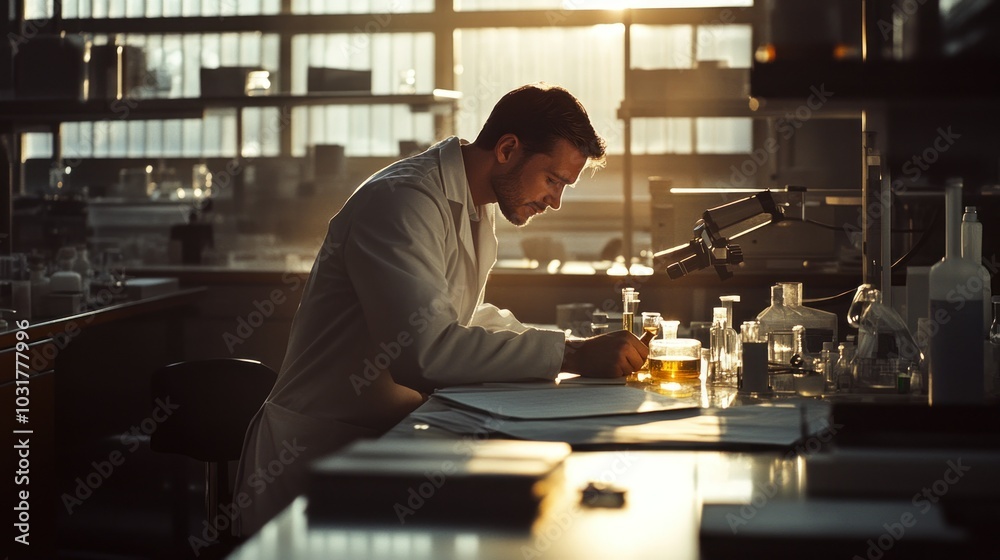 Aufkleber a scientist working in a laboratory with chemical samples and a microscope