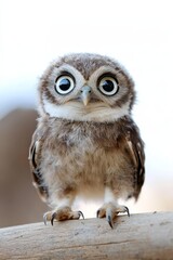 Fototapeta premium A small owl with big, expressive blue eyes gazes sadly at the camera from atop a weathered piece of wood