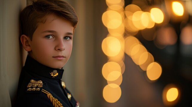 A young boy in military uniform stands in front of a building - Powered by Adobe