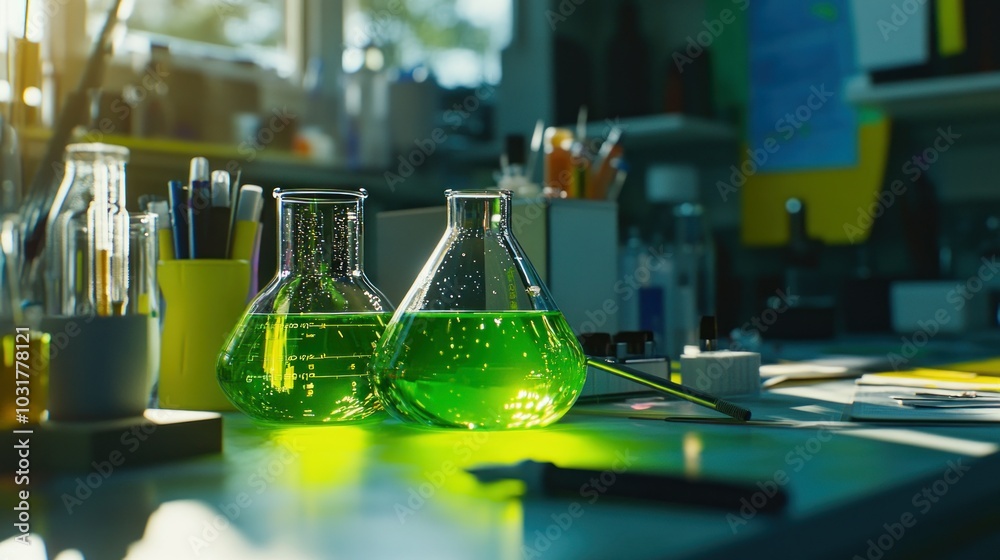 Poster two glass erlenmeyer flasks filled with green liquid on a lab table