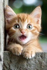 Fototapeta premium A tiny orange kitten perched atop a stone wall, gape-mouthed and wide-eyed