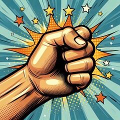 Fist punching forward with stars and comic explosion in retro pop art style. Powerful graphic illustration with dynamic halftone background