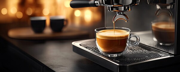 coffee machine is pouring espresso into a glass cup with beautiful foam on a dark background