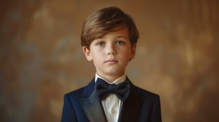 A young boy is dressed sharply in a tuxedo and a matching bow tie