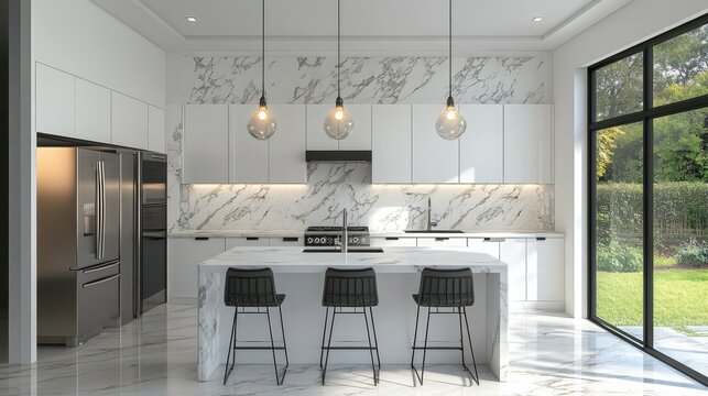 This sleek and elegant kitchen features a marble countertop and high ceilings, complemented by large windows for abundant natural light