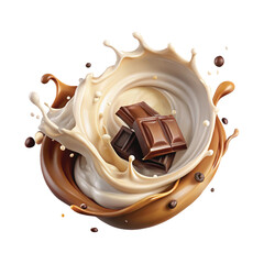 Realistic Milk and chocolate splash swirls and flow. Melted brown choco and milky waves with drops png background