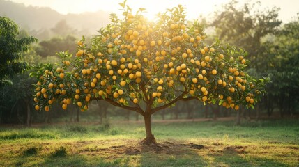 Naklejka premium Sunlit Lemon Tree Laden with Fruits