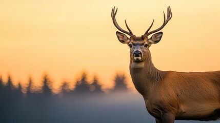 A serene deer stands proudly against a vibrant sunset, showcasing its majestic antlers amidst a tranquil natural landscape.