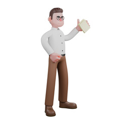 3D Social Character. A male sociologist is standing while showing his cellphone screen. Professional Illustration