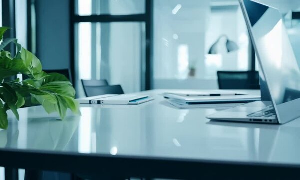 A sleek laptop computer sits on a modern office desk with a stack of papers, a pen, and a plant in the foreground.