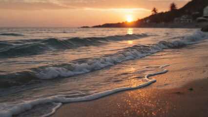 Soothing beach scene with calm waves and a pastel sky at sunset