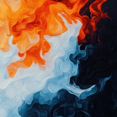 Fototapeta premium A vibrant swirl of orange, white, and blue abstract colors on a dark background.