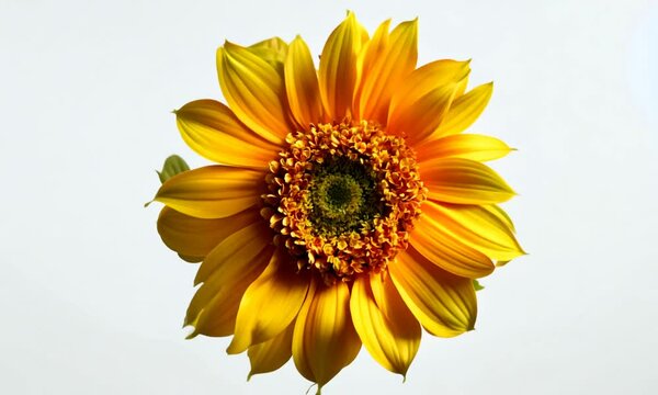 A single, yellow sunflower with a green center and yellow petals, isolated on a white background.