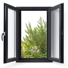 Open Black Window with View of Green Plants and Flowers on White Background