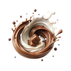 Realistic Milk and chocolate splash swirls and flow. Melted brown choco and milky waves with drops png background