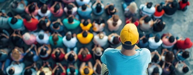 Crowd gathers under a thoughtful observer
