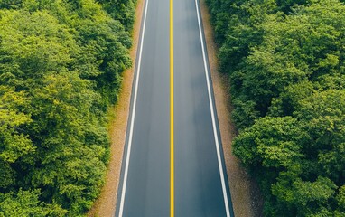 Aerial view of an empty road surrounded by lush green trees on both sides, showcasing nature's beauty.