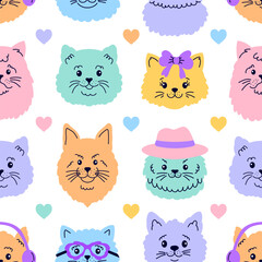 Seamless pattern with  cat faces and hearts  on white background.