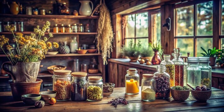 Vintage Apothecary Table with Herbal Remedies in Cozy Cottage