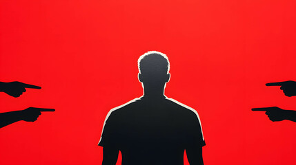 A person surrounded by three figures pointing at them, representing judgment and pressure from others.