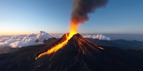 Erupting Volcano with Smoke and Lava Flow Against Dramatic Sky