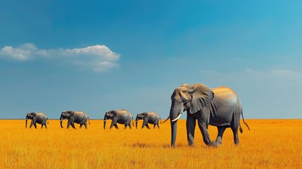 Obraz premium A serene landscape featuring a herd of elephants gracefully moving through a golden grassland under a clear blue sky.