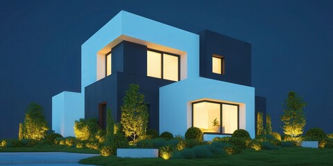 Fototapeta premium Modern House with Illuminated Windows and Landscaping at Night