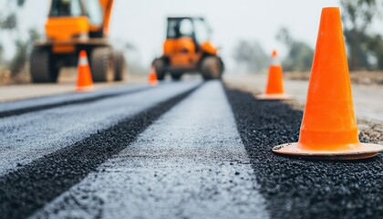 Construction site with orange cones marking fresh asphalt surface, machinery working in background.