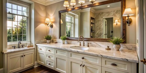 Vintage Bathroom Elegance with White Cabinet, Bronze Mirror, and Marble Countertop