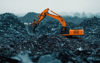 Excavator operating in a scrapyard, surrounded by heaps of metal debris, showcasing industrial waste management.